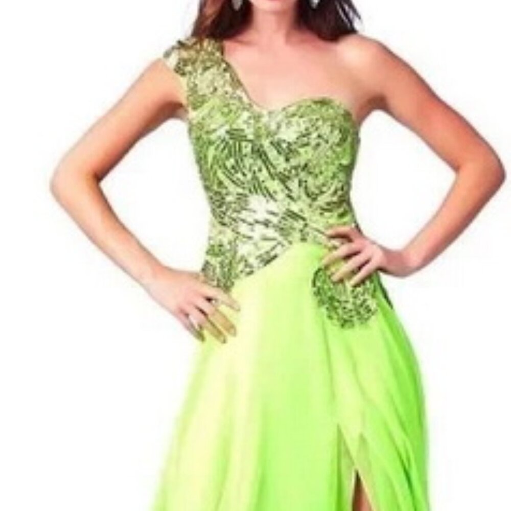 Cassandra Stone Mac Duggal Neon Lime Green Sequin One Gown Prom